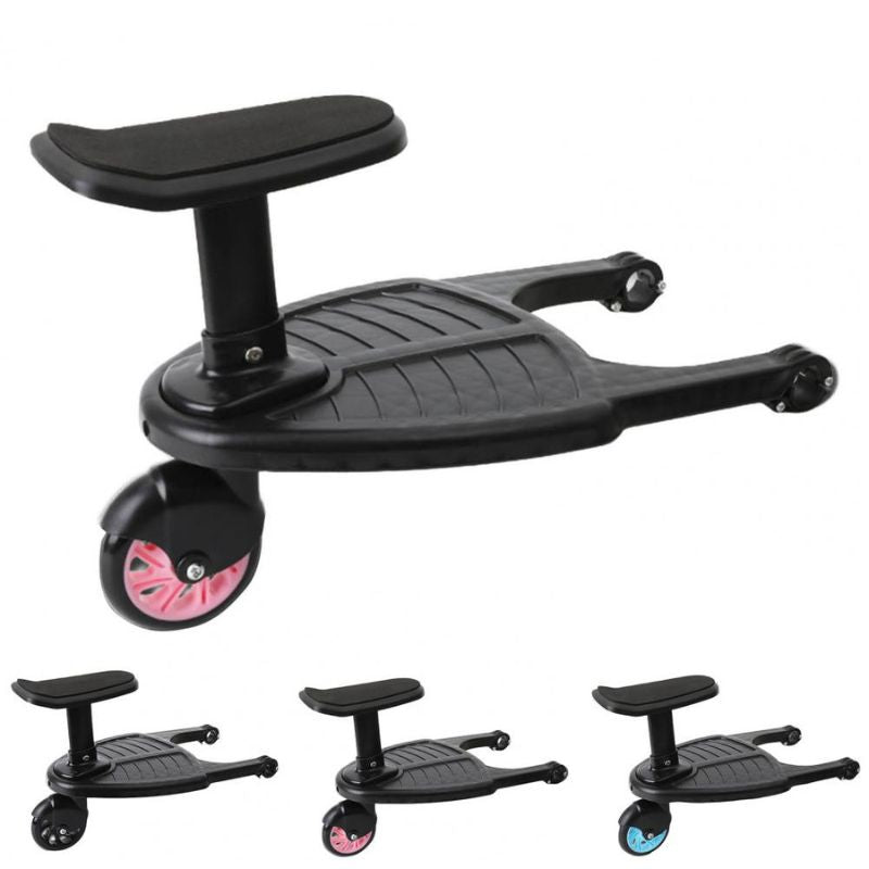 Belro universal stroller board attached to a stroller, designed for sports and outdoor use, allowing easy child standing support.