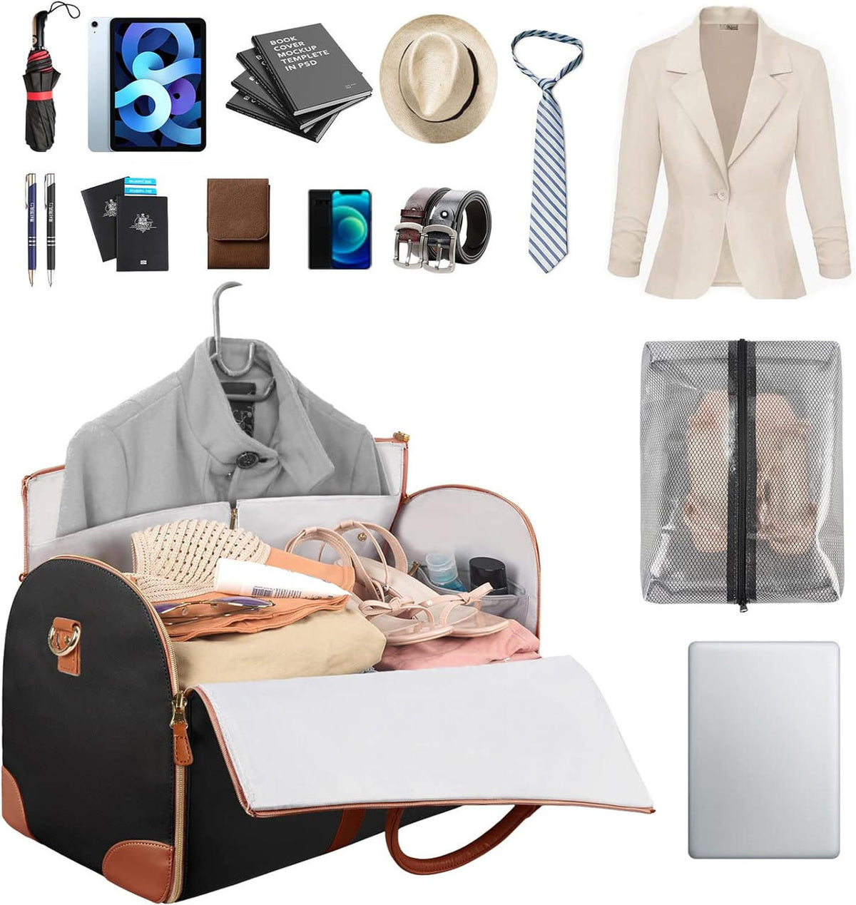 Belro travel bag for women and men, durable luggage with multiple compartments, shown in black with adjustable straps.