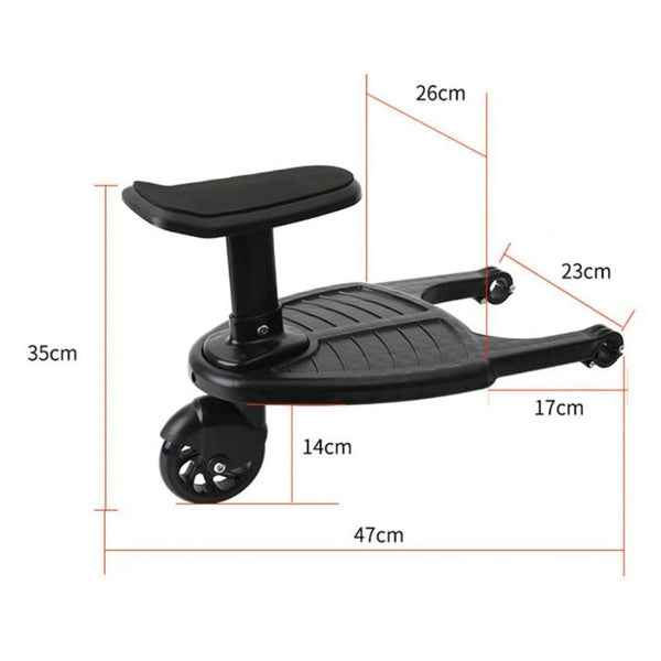 Belro universal stroller board attached to a stroller, designed for sports and outdoor use, with a sturdy platform for kids to stand on.