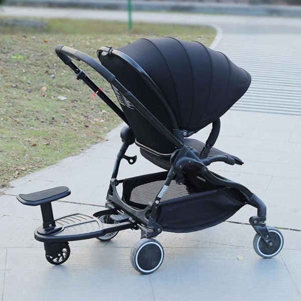 Belro Universal Stroller Board for sports and outdoors, shown attached to a stroller with a sturdy design and comfortable foot platform.