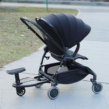Belro Universal Stroller Board for sports and outdoors, shown attached to a stroller with a sturdy design and comfortable foot platform.