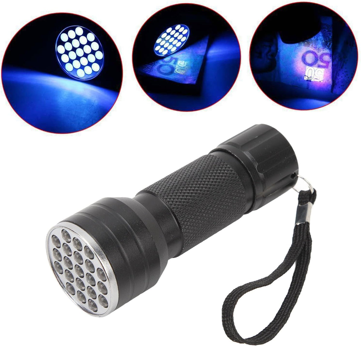 Belro 21 LED pocket UV lamp showing compact black design with 21 bright LEDs for UV light illumination.