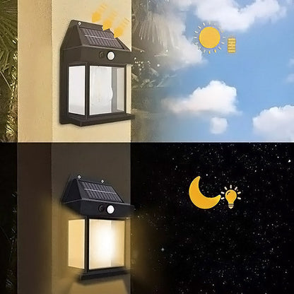 Belro outdoor solar LED lights with motion sensor illuminating a garden pathway at night, energy-efficient outdoor lighting.