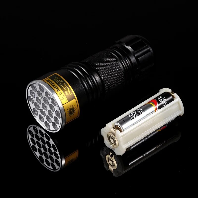 Belro 21 LED pocket UV lamp showing compact black design with multiple LED bulbs for UV light detection and testing.