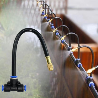 Mivoza outdoor garden irrigation system with 360° spray nozzles, automatic watering, no power needed for efficient garden watering.