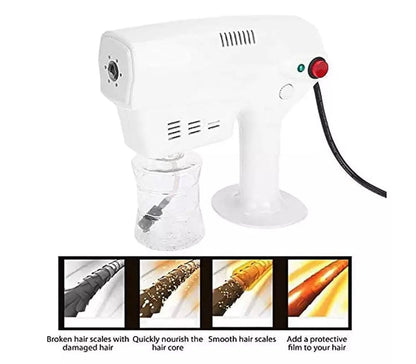 Belro handheld hair steamer emitting micro mist for salon-quality hair treatment and deep conditioning.