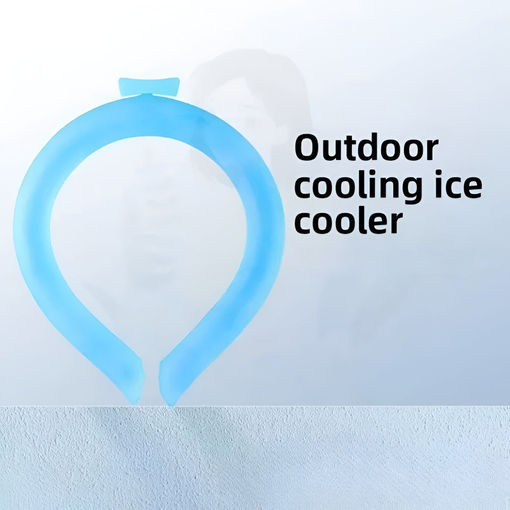 DecorsDeluxe wearable neck cooling ring, a personal cooling device for summer heat relief, shown on a model's neck.