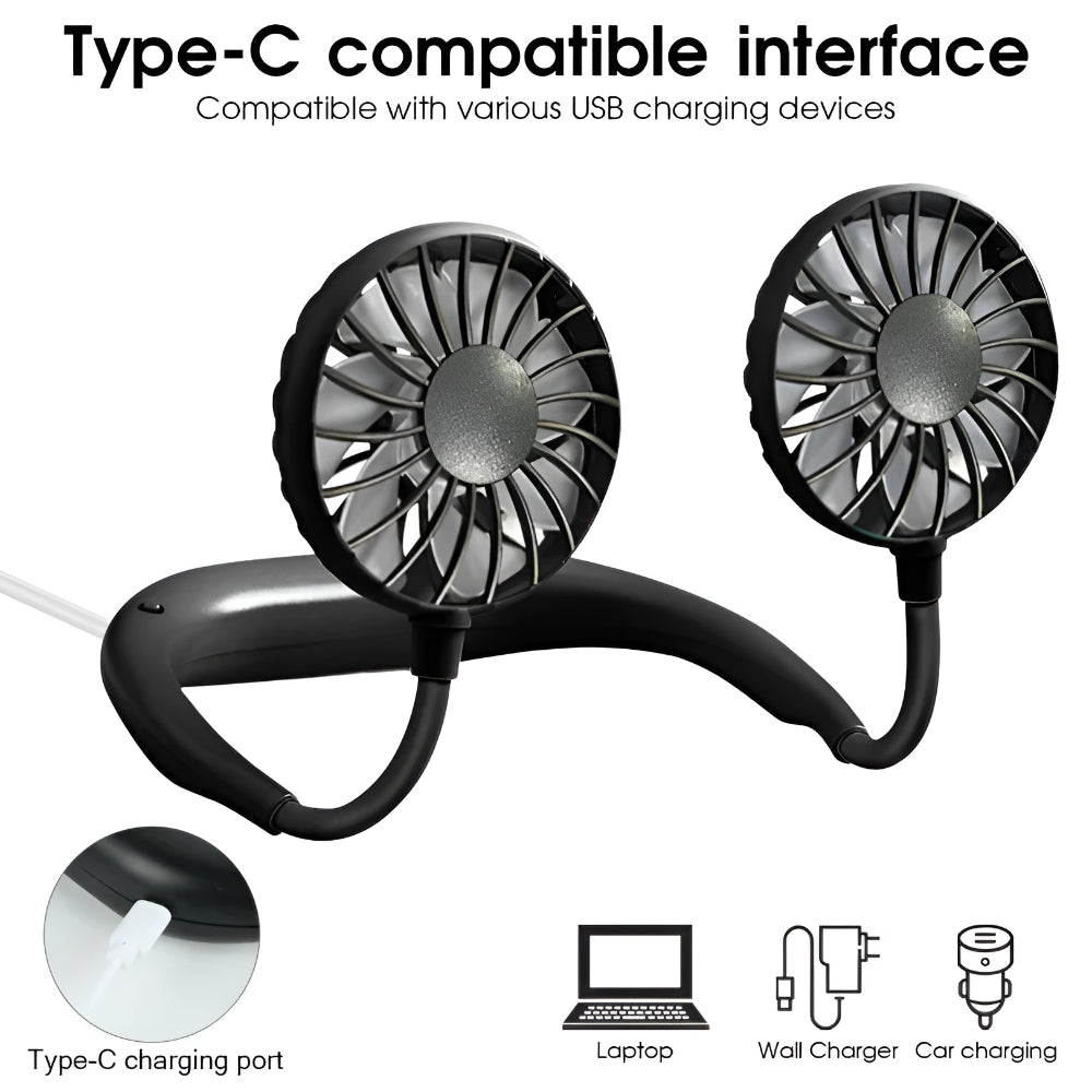 DecorsDeluxe portable neck fan, hands-free rechargeable cooler fan worn around the neck for cooling at home or outdoors.