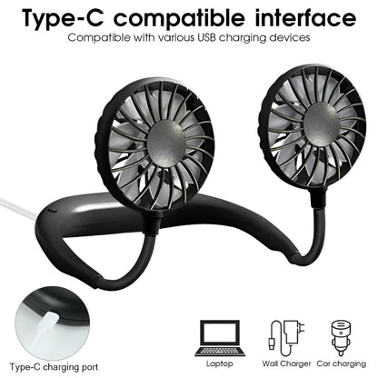 DecorsDeluxe portable neck fan, hands-free rechargeable cooler fan worn around the neck for cooling at home or outdoors.