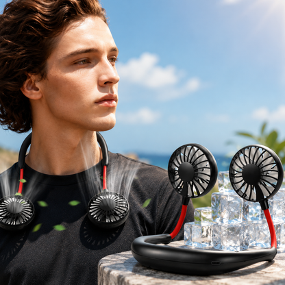 DecorsDeluxe portable neck fan, hands-free rechargeable cooler fan worn around the neck for personal cooling at home and outdoors.