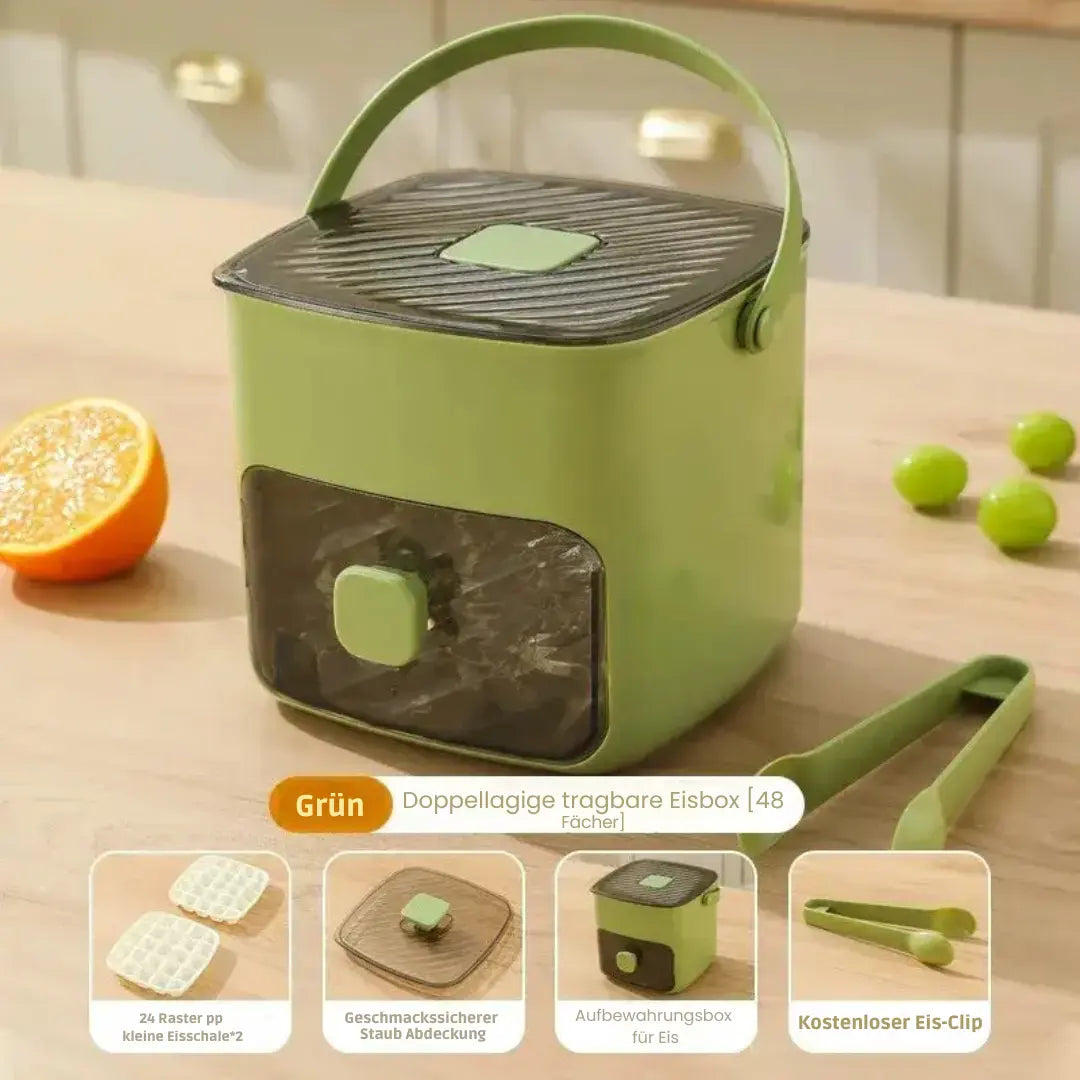 Mivoza large capacity ice cube tray with push function for easy, no-spill release of 48 ice cubes in a stackable kitchen gadget.