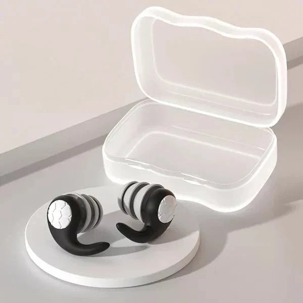 Black Belro noise-canceling silicone earplugs designed for sleeping, providing comfort and sound blocking for restful nights.