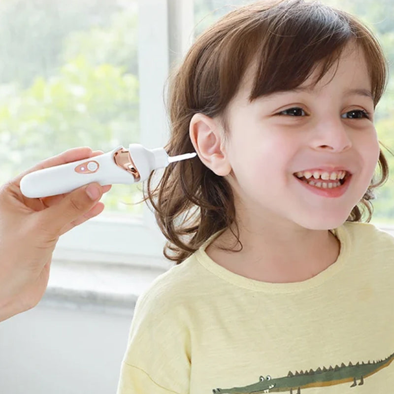 Belro 5 in 1 Electric Earwax Remover with multiple attachments, showing a sleek device and cleaning heads for safe ear cleaning.