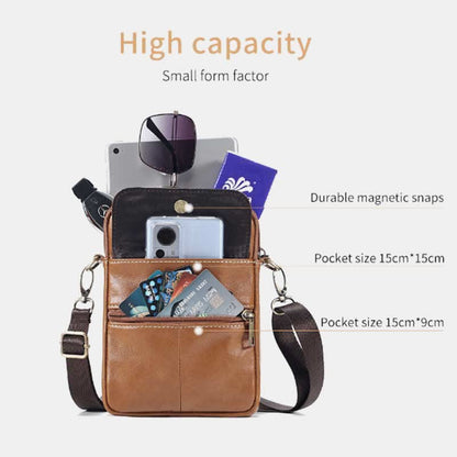 Small leather shoulder bag for men by Belro, featuring a sleek compact design, adjustable strap, and minimalistic style.