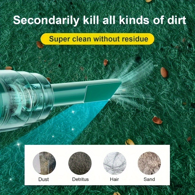 Belro portable USB rechargeable vacuum cleaner for car and home, compact handheld device with dustbin and cleaning nozzle.