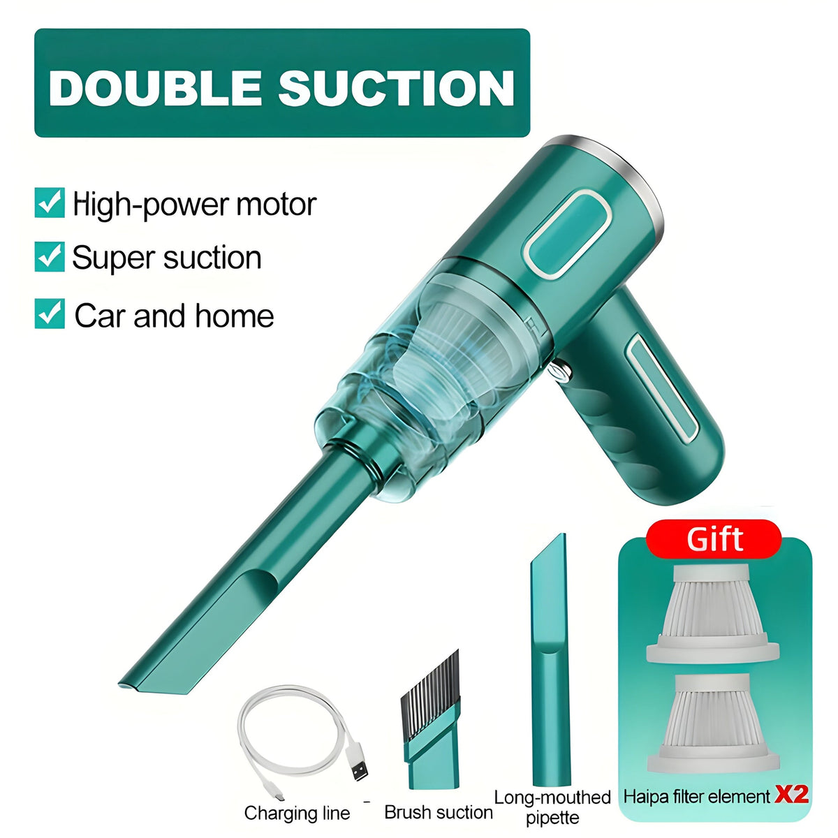 Belro portable USB rechargeable vacuum cleaner for car and home, compact with a handheld design and dust container attachment.