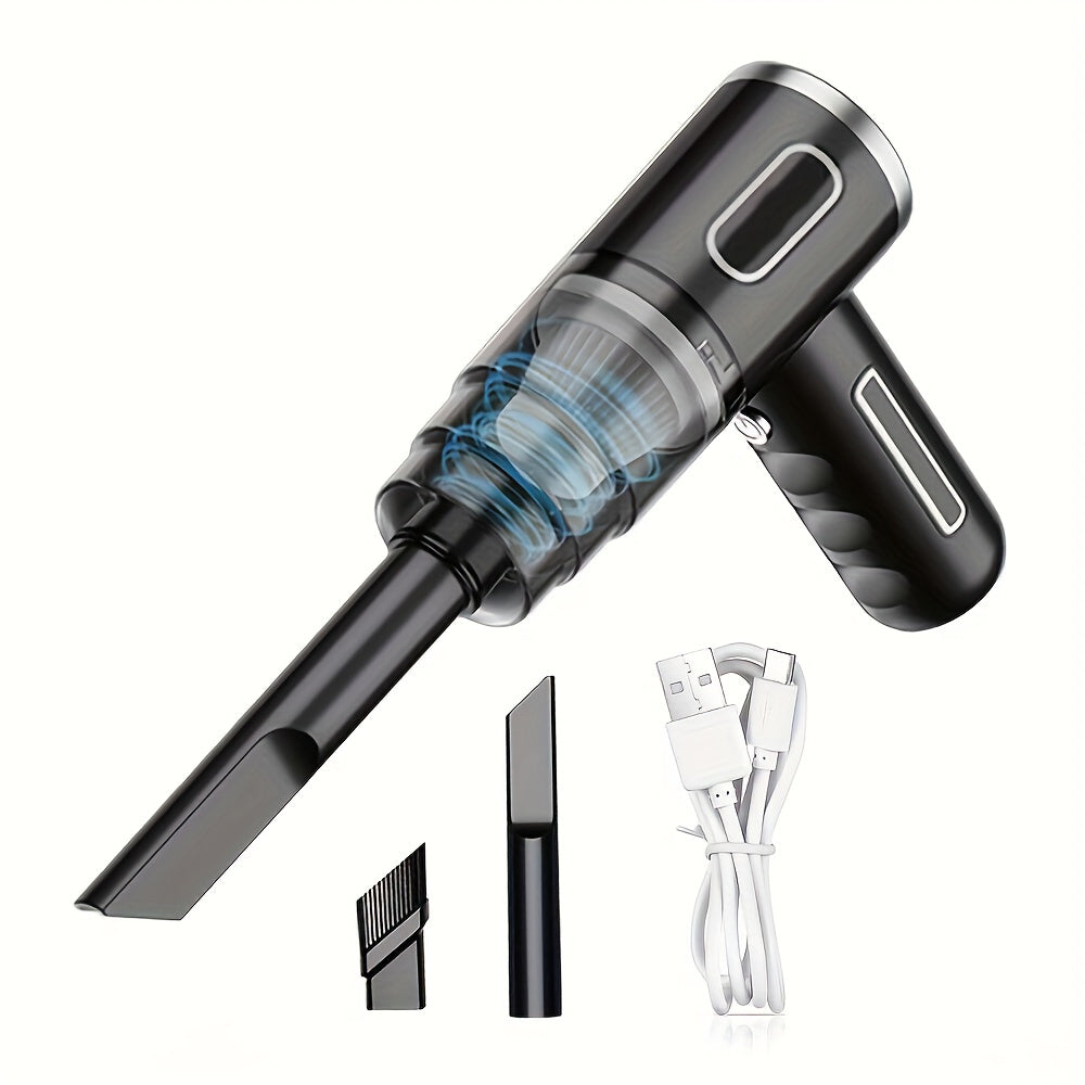 Belro portable USB rechargeable vacuum cleaner for car and home, compact handheld device with a dust container and nozzle attachment.