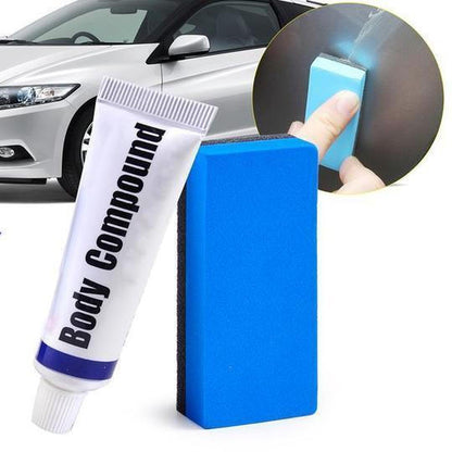 Belro Express Car Scratch Repair Kit showing applicator tools and repair paste for vehicle scratch touch-up.