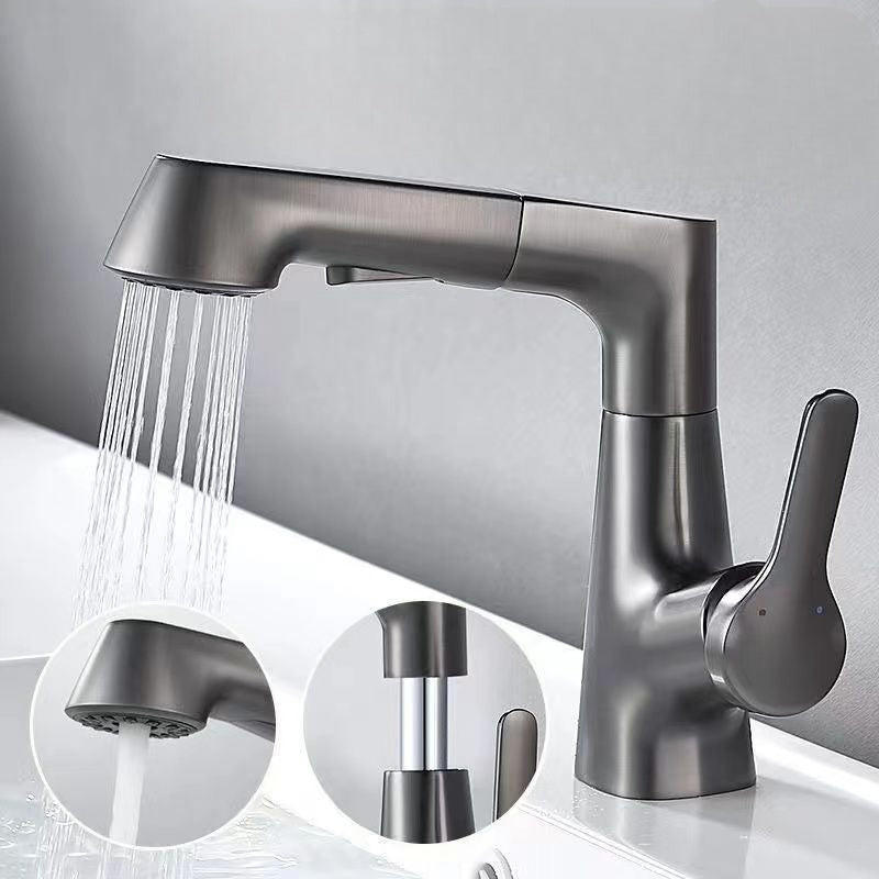 Belro bathroom faucet with rotating retractable hand shower, modern chrome finish, mounted on a bathroom sink.