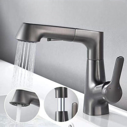 Belro bathroom faucet with rotating retractable hand shower, modern chrome finish, mounted on a bathroom sink.