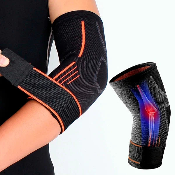 Belro elbow support compression sleeve worn on arm, designed to provide stability and reduce strain during activity.
