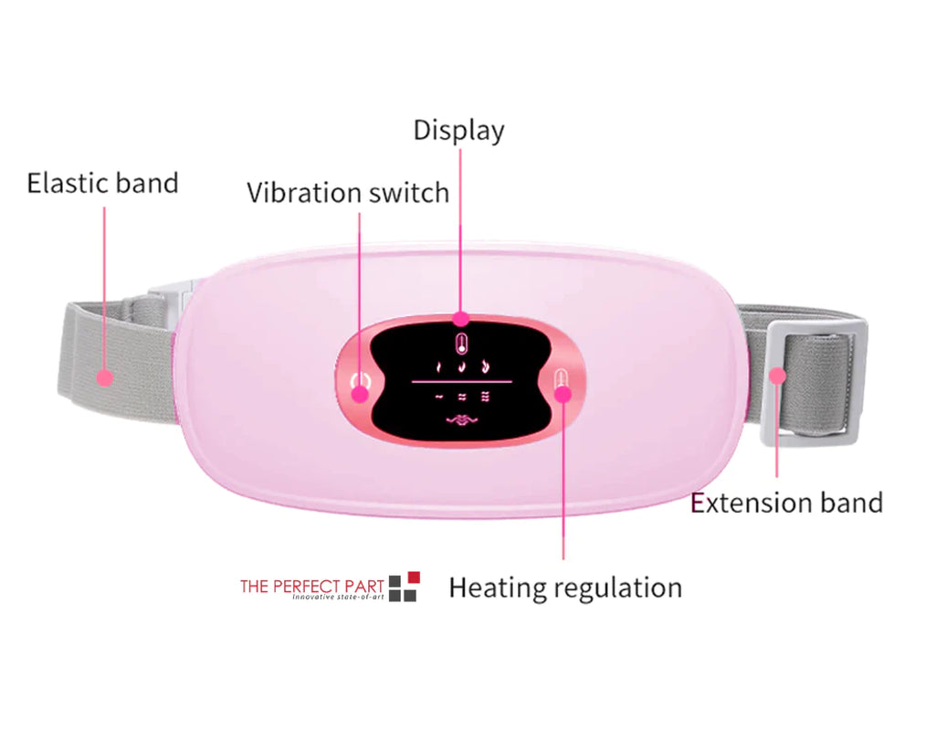 Belro electric heater cushion for period pain relief, showing soft fabric cover and compact design in a health and beauty setting.