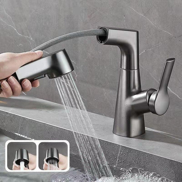 Belro bathroom faucet with rotating retractable hand shower installed on a sink, showcasing modern fixtures and chrome finish.