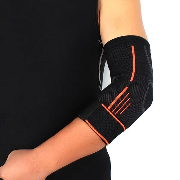 Belro elbow support compression sleeve shown on an arm, providing stability and compression for elbow injury relief.