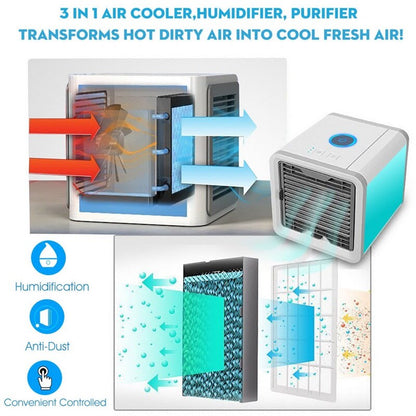 Belro 3-in-1 mobile air conditioner for outdoor use, showing compact design with vents and control panel in a home and garden setting.