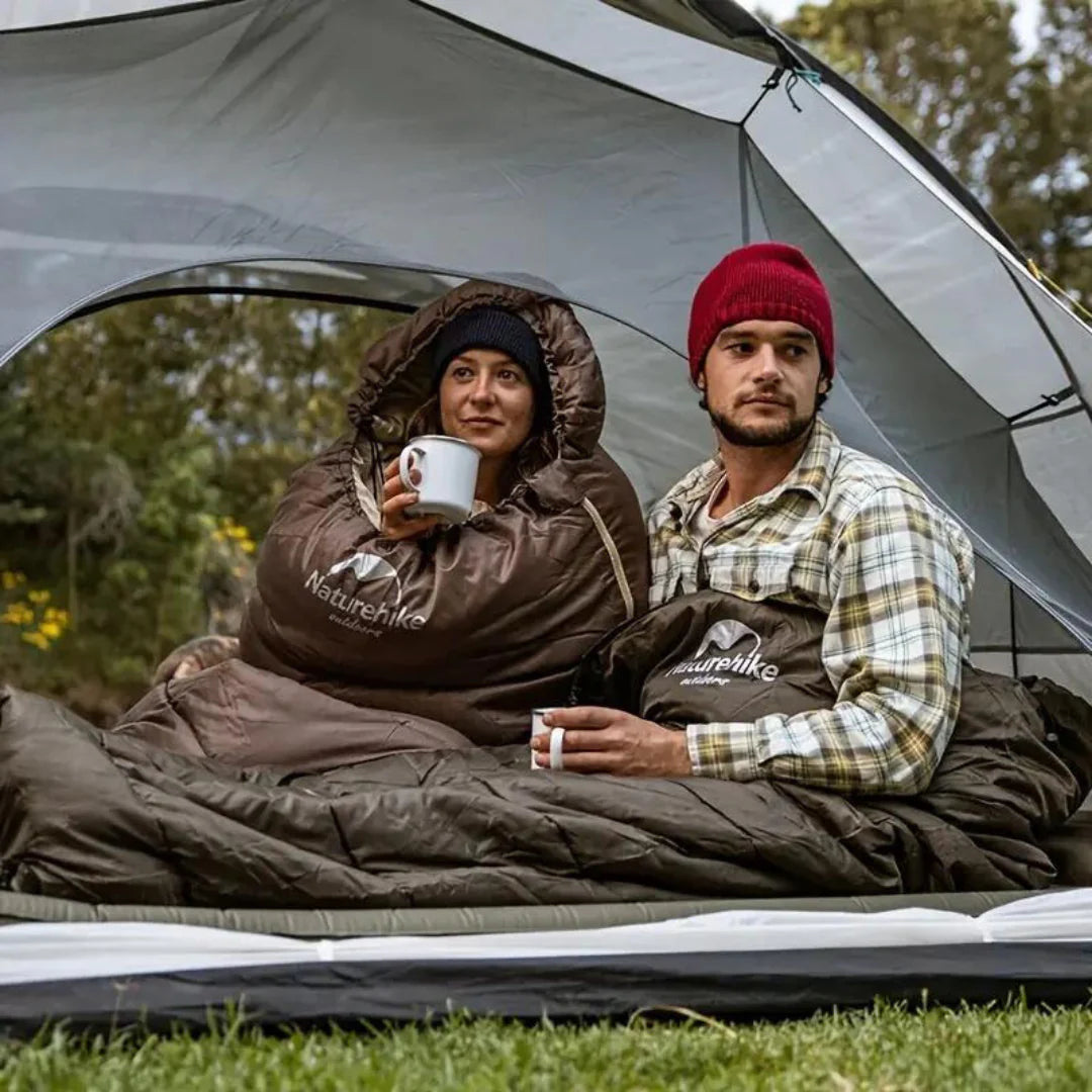 Belro ultra-lightweight outdoor sleeping bag shown open with interior insulation and packed size for camping and backpacking.