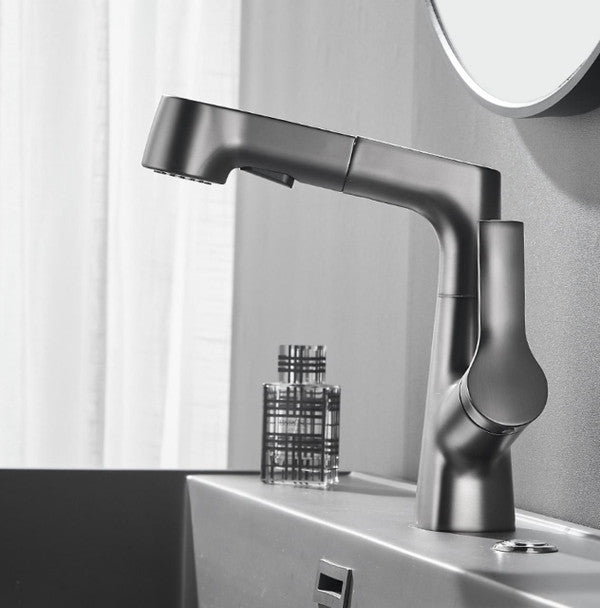 Belro bathroom faucet with rotating retractable hand shower, chrome finish, mounted on sink with modern design and flexible hose.