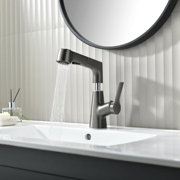 Belro bathroom faucet with rotating retractable hand shower, chrome finish, modern design, installed on a bathroom sink.