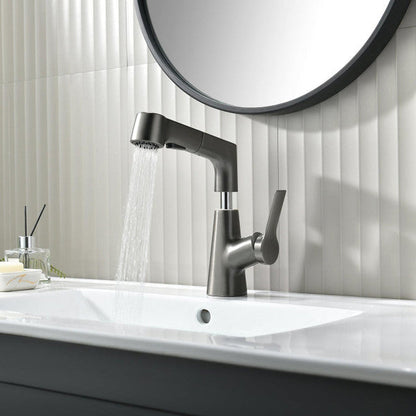 Belro bathroom faucet with rotating retractable hand shower, chrome finish, modern design, installed on a bathroom sink.