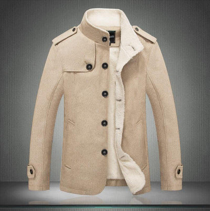 Belro classic wool trench coat hanging on a wooden hanger, showcasing its tailored fit and double-breasted design.