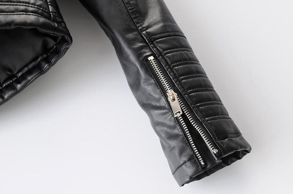 Black leather biker jacket by Belro with classic motorcycle style, featuring silver hardware and a fitted design.