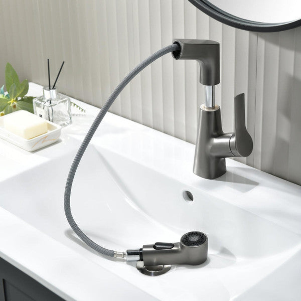 Belro bathroom faucet with rotating retractable hand shower, chrome finish, modern design, mounted on a bathroom sink.