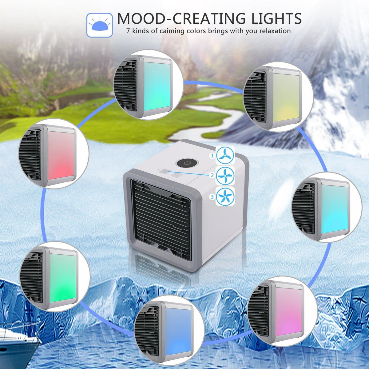 Belro 3-in-1 mobile air conditioner for outdoor use, showing compact unit with vents and control panel in a home and garden setting.