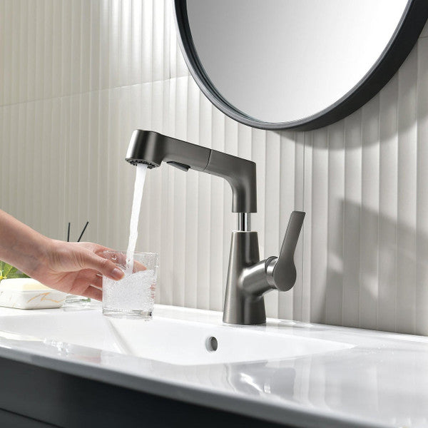 Belro bathroom faucet with rotating retractable hand shower, chrome finish, mounted on a modern sink.
