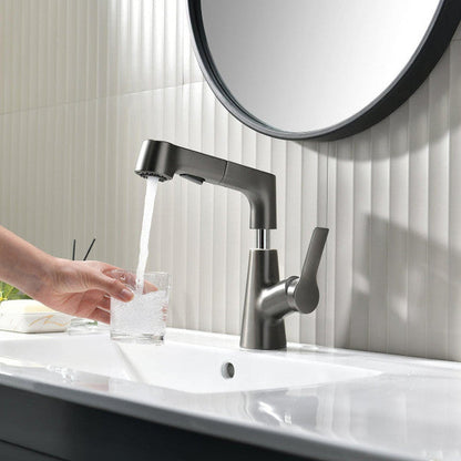 Belro bathroom faucet with rotating retractable hand shower, chrome finish, mounted on a modern sink.
