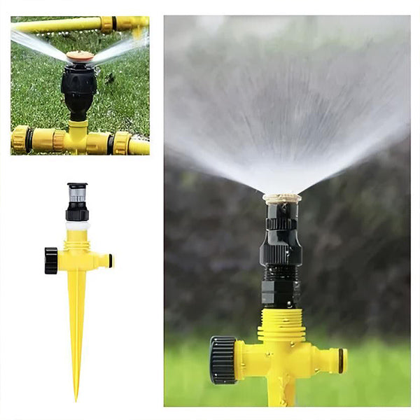 Belro 360 degree garden sprinkler in action, watering lawn and garden evenly with adjustable spray pattern outdoors.