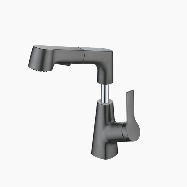 Belro bathroom faucet with rotating retractable hand shower, chrome finish, mounted on a modern bathroom sink.
