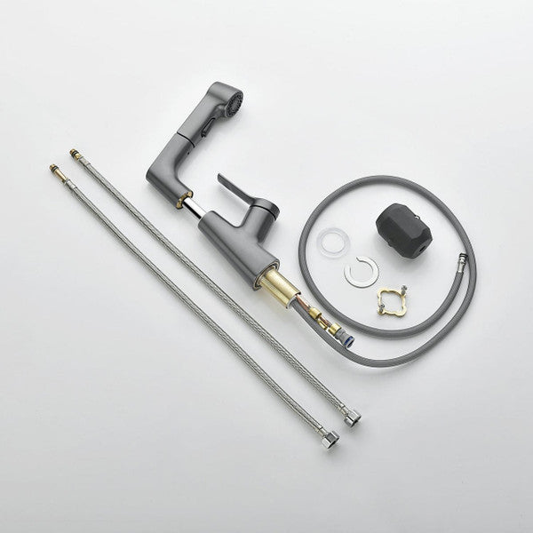 Belro bathroom faucet with rotating retractable hand shower, polished chrome finish, installed on a modern bathroom sink.