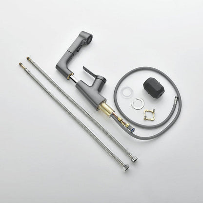 Belro bathroom faucet with rotating retractable hand shower, polished chrome finish, installed on a modern bathroom sink.