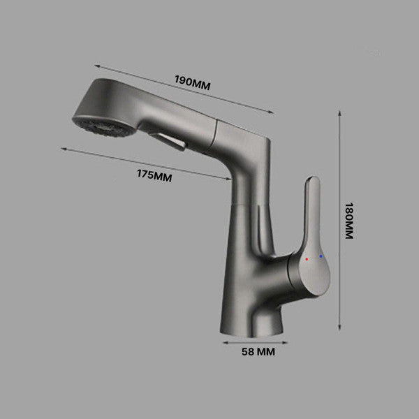 Belro bathroom faucet with rotating retractable hand shower installed on a sink, showcasing modern hardware and sleek design.