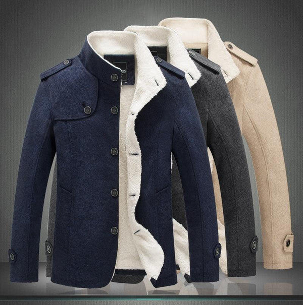 Belro classic wool trench coat hanging on a mannequin, showing its tailored fit and stylish design in neutral tones.