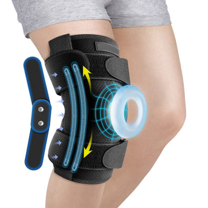 Belro adjustable hinged knee brace for meniscus tear, showing support straps and metal hinges for stability and injury recovery.