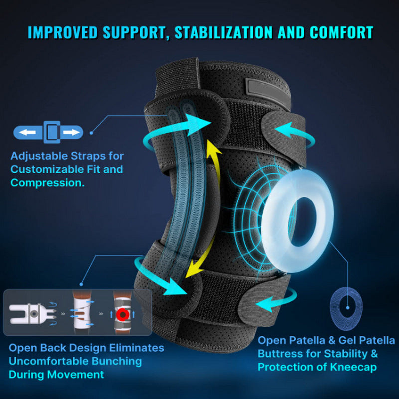 Belro adjustable hinged knee brace designed for meniscus tear support, featuring strap closures and sturdy construction.