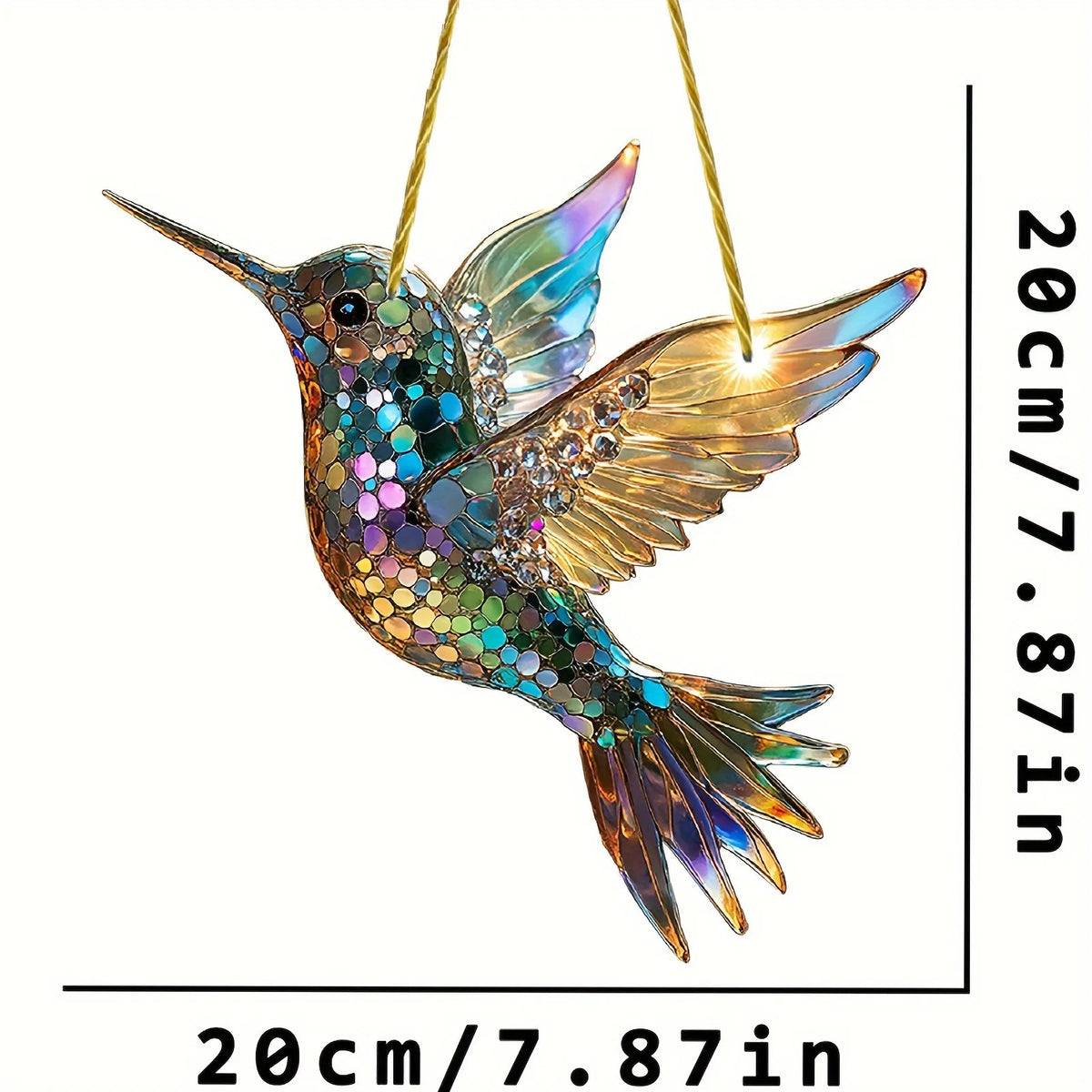 Colorful hummingbird suncatcher hanging in a window, decorative glass home and garden decor by Belro.
