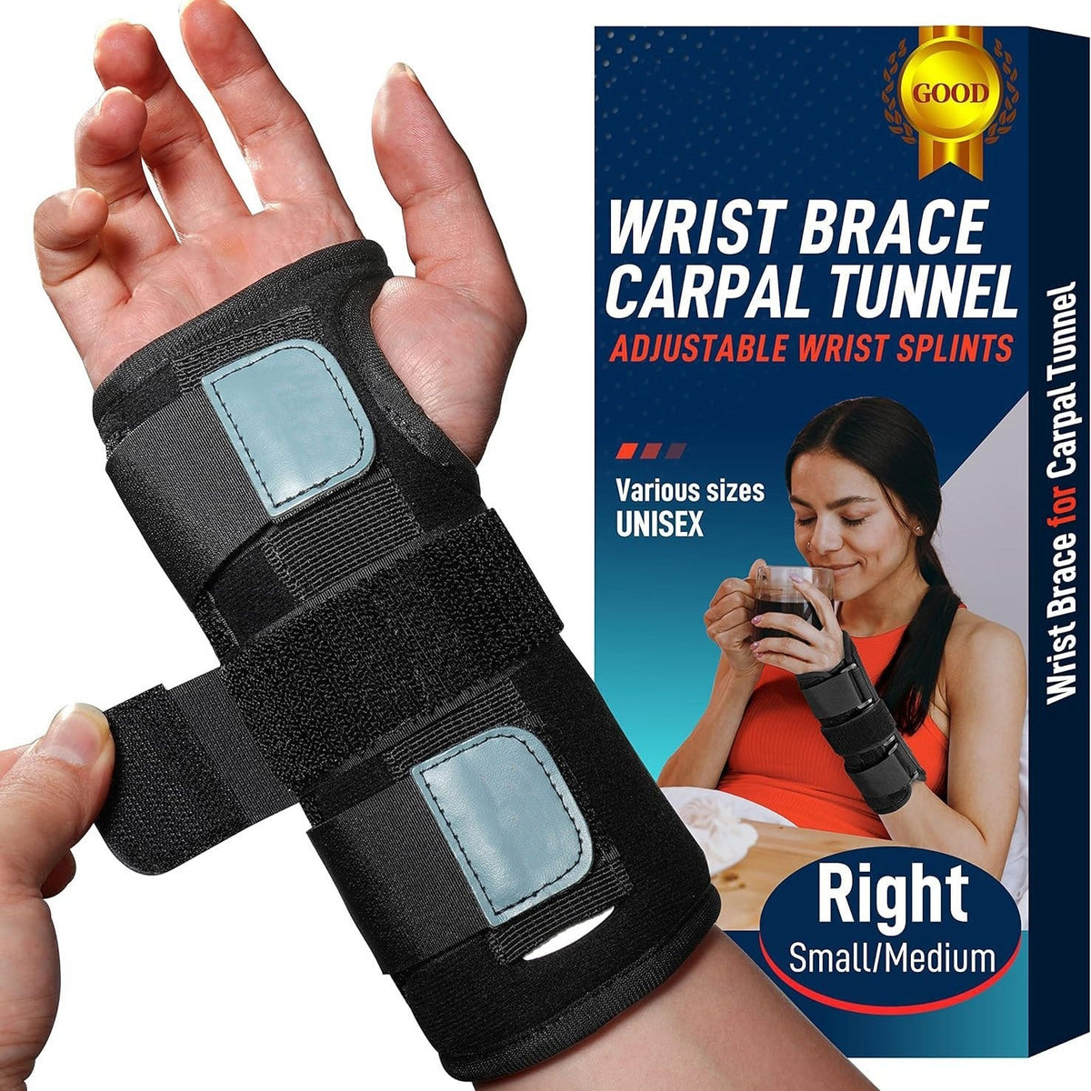 Belro carpal tunnel adjustable wrist brace resting on a table, designed to support wrist stability and relieve strain.