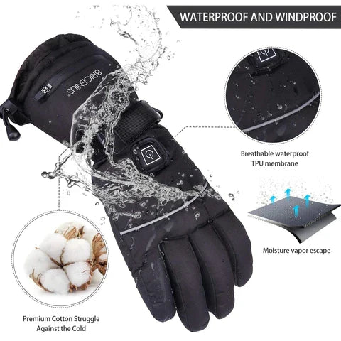 Two pairs of Belro heated gloves with touchscreen fingertips, black and gray, designed for cold weather outdoor use.